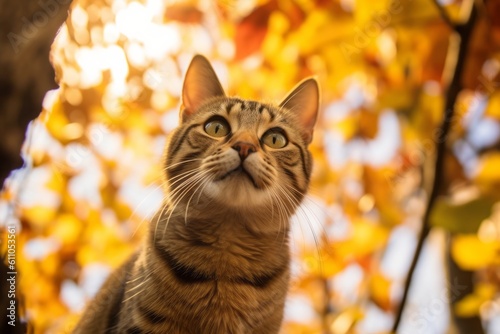 Medium shot portrait photography of a cute tabby cat begging for food against an autumn foliage background. With generative AI technology