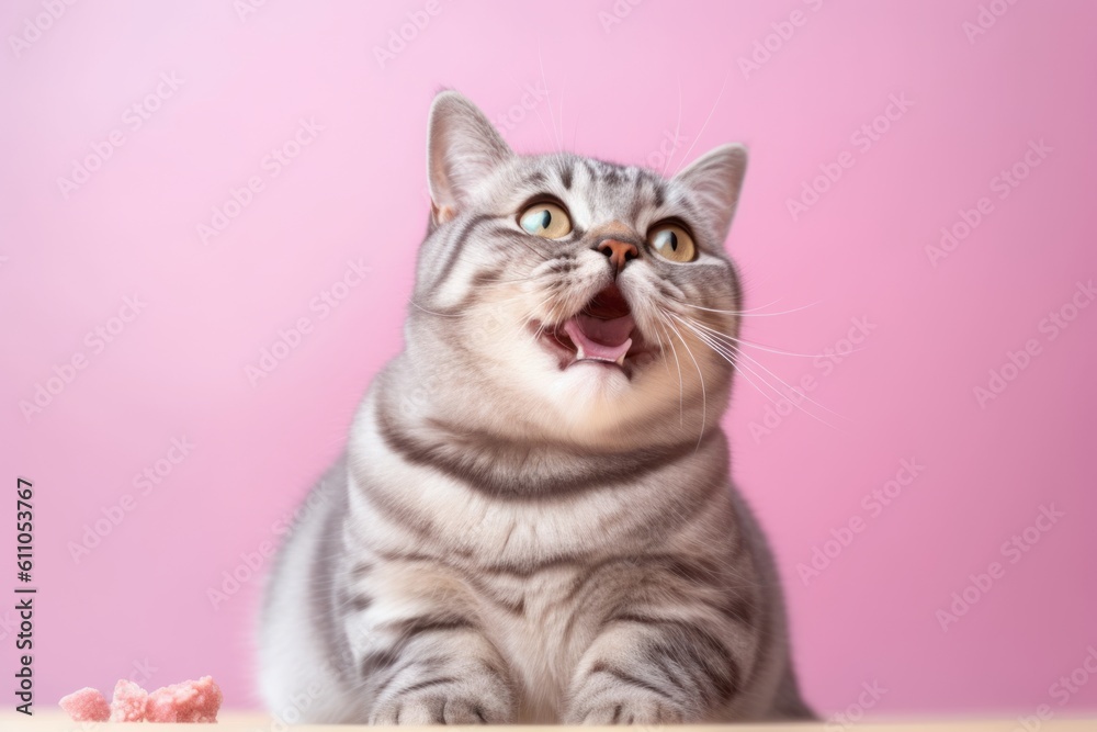 Environmental portrait photography of a happy american shorthair cat eating against a pastel or soft colors background. With generative AI technology