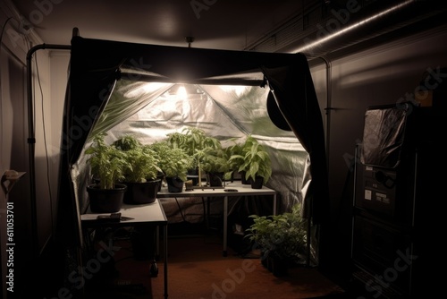 roll-up tent with industrial lighting and ventilation for a homegrow setup, created with generative ai photo