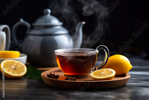 cup with hot tea and teapot and dark background, Generative AI