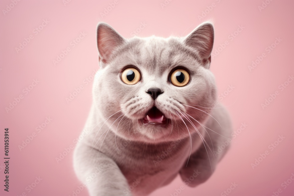 Obraz premium Close-up portrait photography of a funny british shorthair cat leaping against a pastel or soft colors background. With generative AI technology