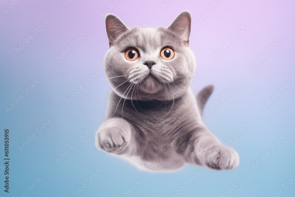 Close-up portrait photography of a funny british shorthair cat leaping against a pastel or soft colors background. With generative AI technology