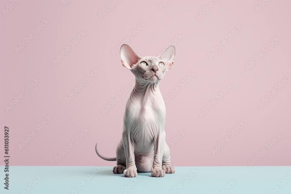Full-length portrait photography of a funny sphynx cat playing against a pastel or soft colors background. With generative AI technology