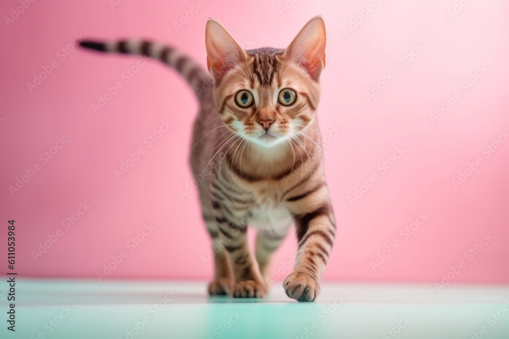 Full-length portrait photography of a funny bengal cat playing against a pastel or soft colors background. With generative AI technology