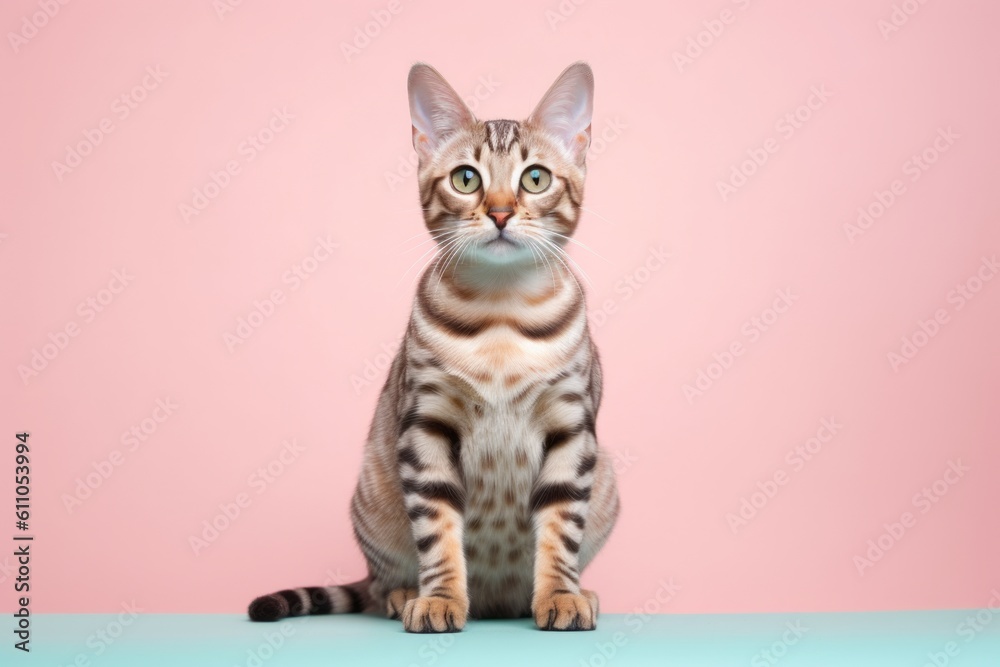 Medium shot portrait photography of a cute bengal cat kneading with hind legs against a pastel