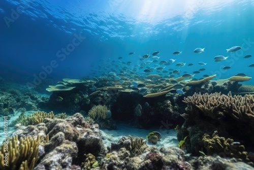 beautiful underwater landscape, with schools of fish swimming among the coral, created with generative ai © altitudevisual