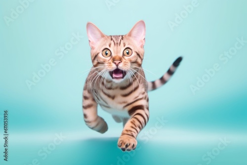 Environmental portrait photography of a smiling bengal cat pouncing against a pastel or soft colors background. With generative AI technology