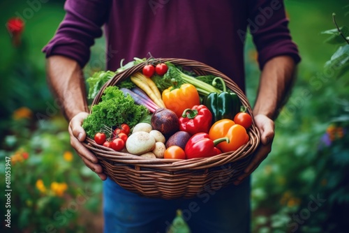 a man holds a basket with a mix of fresh vegetables and herbs, Generative AI