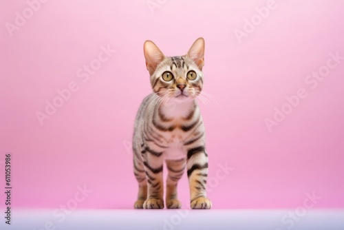 Full-length portrait photography of a funny bengal cat playing against a pastel or soft colors background. With generative AI technology © Markus Schröder