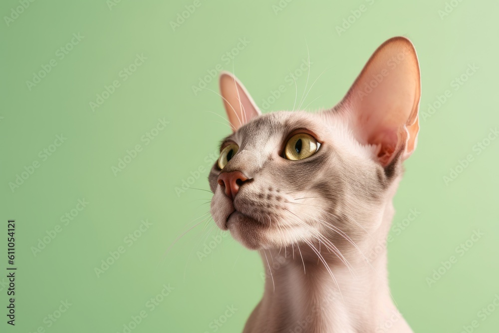 Medium shot portrait photography of a curious oriental shorthair cat eating against a pastel or soft colors background. With generative AI technology