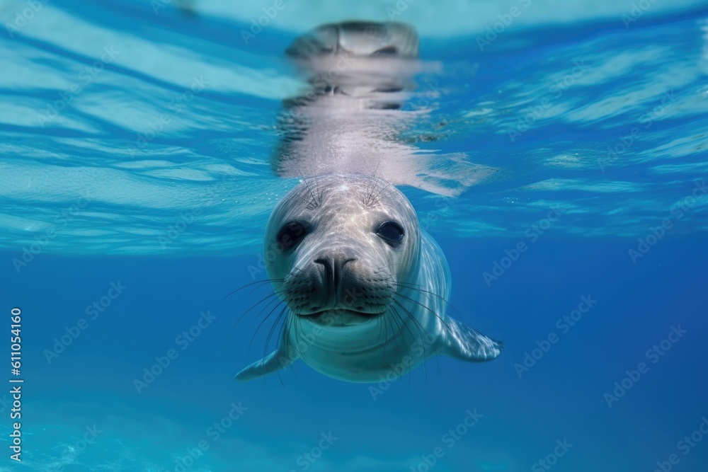 Fototapeta premium marine mammal swimming through clear blue water, created with generative ai