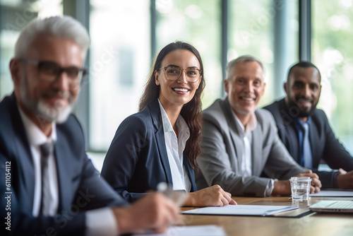 Diverse businesspeople laughing during a meeting around an office. AI Generative