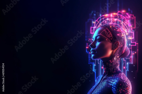 Cyberspace augmented reality. Cyberprunk character. Robot. rtificial intelligence, Neon light, VR reality photo