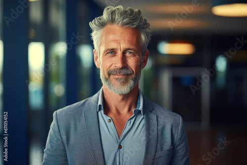 Boss man looking at camera and smiling, young businessman banker with beard photo with close up portrait. AI Generative photo