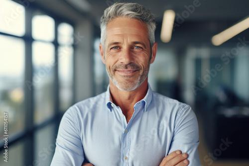 Happy middle aged business man ceo standing in office arms crossed. AI Generative photo