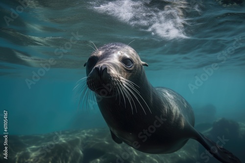 marine mammal swimming in crystal-clear waters, created with generative ai