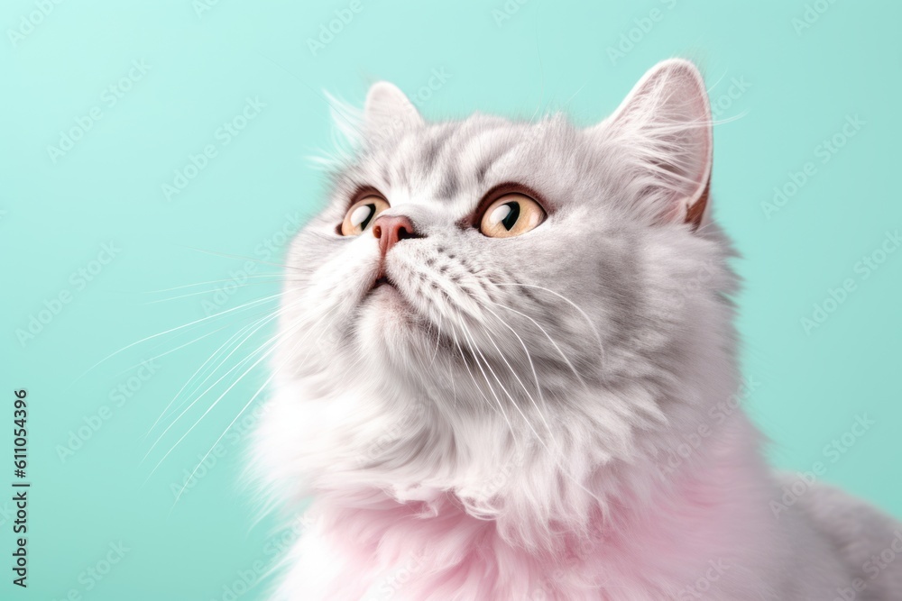 Environmental portrait photography of a curious selkirk rex cat skulking against a pastel or soft colors background. With generative AI technology