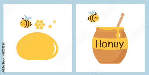 Bee cartoon with honey pot, beehive honey sign and honey drop sign isolated on white background vector illustration.