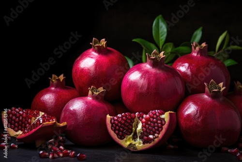 red fresh pomegranates on a dark background, Generative AI