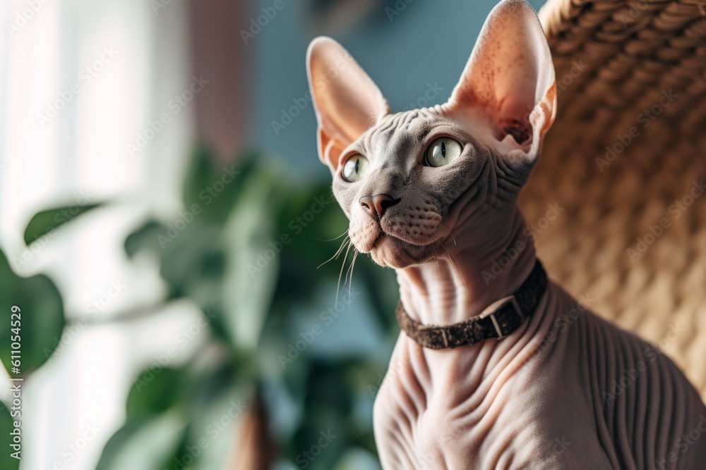 Medium shot portrait photography of a smiling sphynx cat climbing against a cozy living room background. With generative AI technology