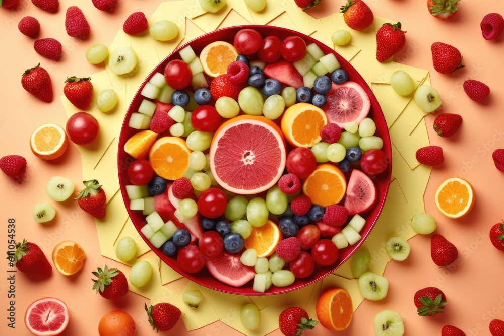 summer fruit berry salad in place on a yellow background, Generative AI