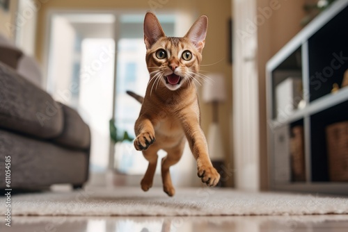 Medium shot portrait photography of a happy abyssinian cat hopping against a cozy living room background. With generative AI technology