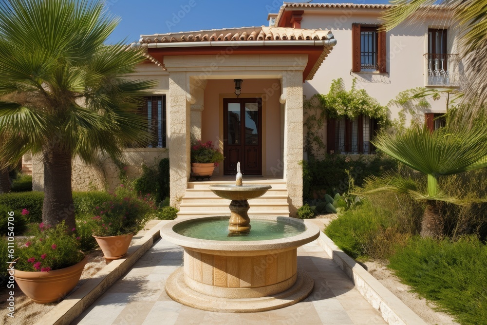 mediterrenean villa exterior with front garden and water feature, created with generative ai