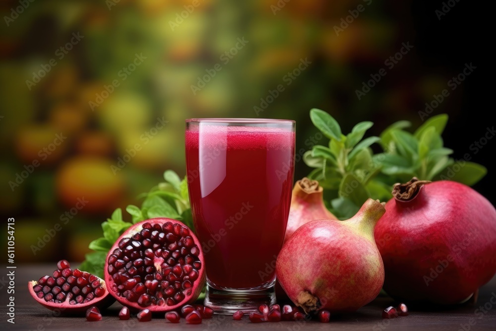 glass of fresh pomegranate juice and pomegranates on a wooden table, Generative AI glass of fresh pomegranate juice and pomegranates on a wooden table, Generative AI