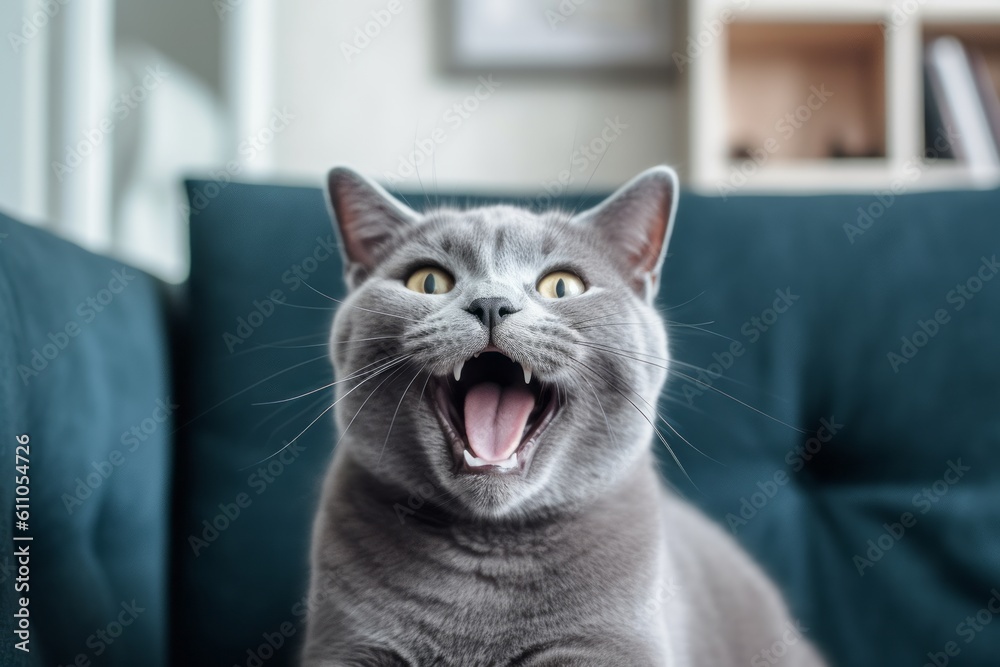 Full-length portrait photography of a smiling russian blue cat growling against a cozy living room background. With generative AI technology