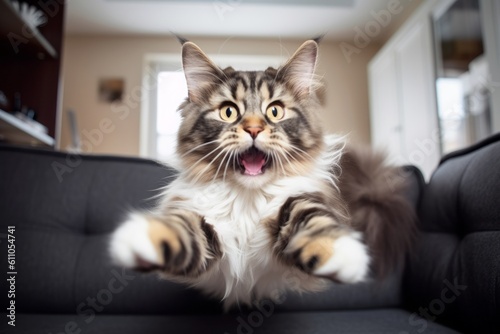 Close-up portrait photography of a smiling norwegian forest cat jumping against a cozy living room background. With generative AI technology