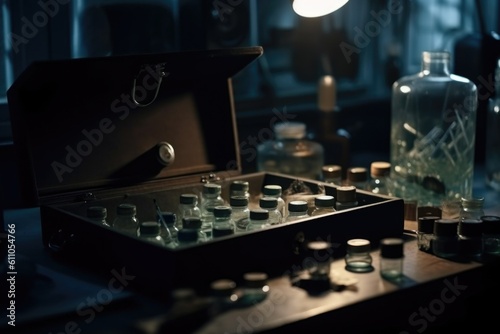 suspenseful, suspense thriller movie scene, with microscope slides and specimens playing a key role, created with generative ai photo