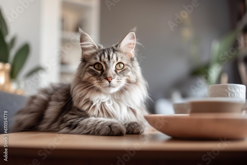 Medium shot portrait photography of a smiling norwegian forest cat eating against a cozy living room background. With generative AI technology