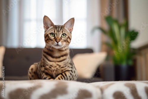 Full-length portrait photography of a smiling ocicat crouching against a cozy living room background. With generative AI technology