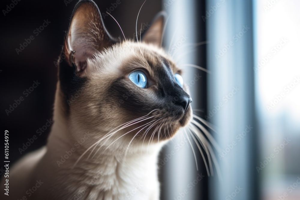 Headshot portrait photography of a happy siamese cat investigating against a bright window. With generative AI technology