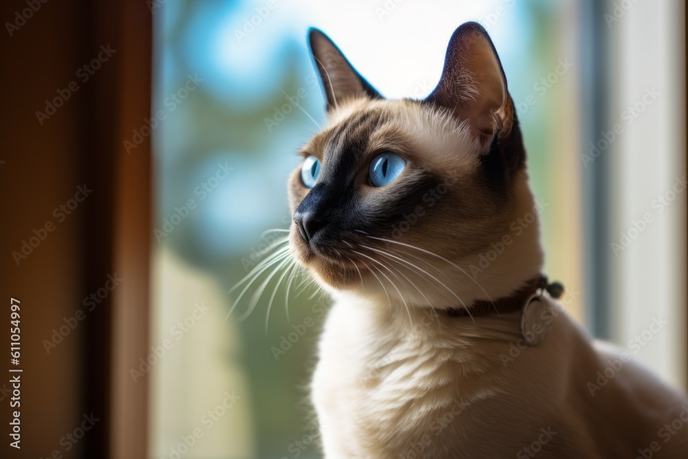 Environmental portrait photography of a curious siamese cat begging for food against a bright window. With generative AI technology
