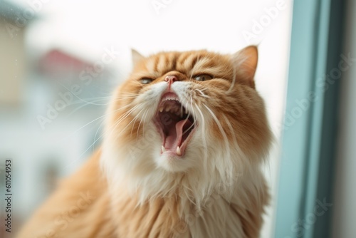 Lifestyle portrait photography of a funny persian cat murmur meowing against a bright window. With generative AI technology photo