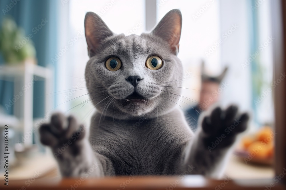 Group portrait photography of a happy russian blue cat begging for food against a bright window. With generative AI technology