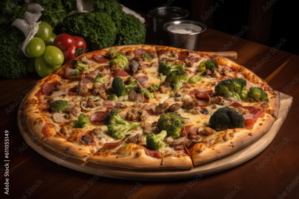 a slice of pizza topped with a variety of meats and vegetables, created with generative ai
