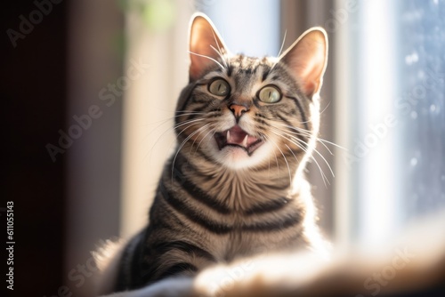 Studio portrait photography of a smiling tabby cat crouching against a bright window. With generative AI technology