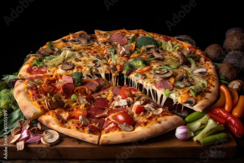 a slice of pizza topped with a variety of meats and vegetables, created with generative ai