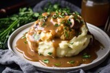 plant-based and vegan take on classic comfort food, with mashed potatoes and gravy, created with generative ai