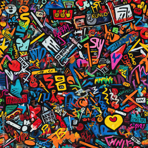 Funky doodles seamless repeat pattern - colorful graffiti abstract art [Generative AI] © Roman