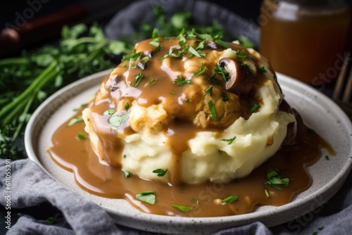 plant-based and vegan take on classic comfort food, with mashed potatoes and gravy, created with generative ai photo