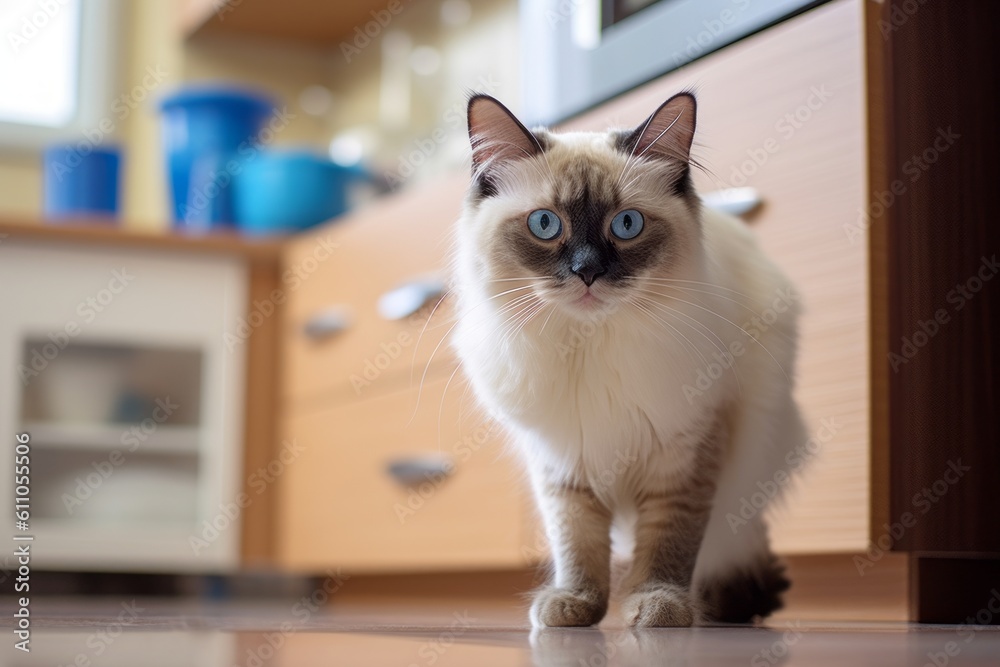 Environmental portrait photography of a funny ragdoll cat investigating against a modern kitchen setting. With generative AI technology