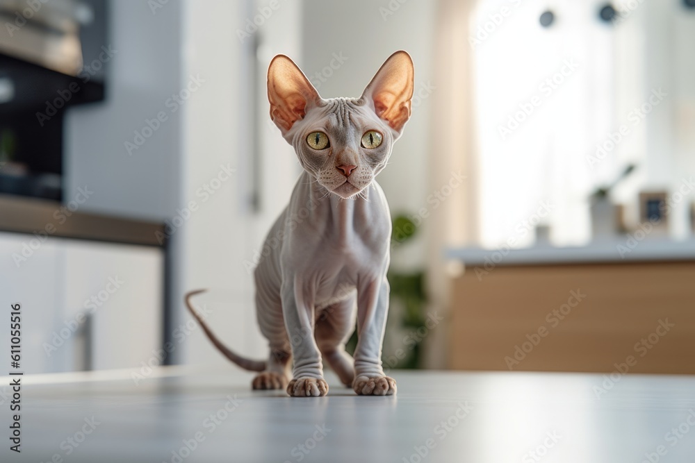 Group portrait photography of a cute sphynx cat crouching against a modern kitchen setting. With generative AI technology
