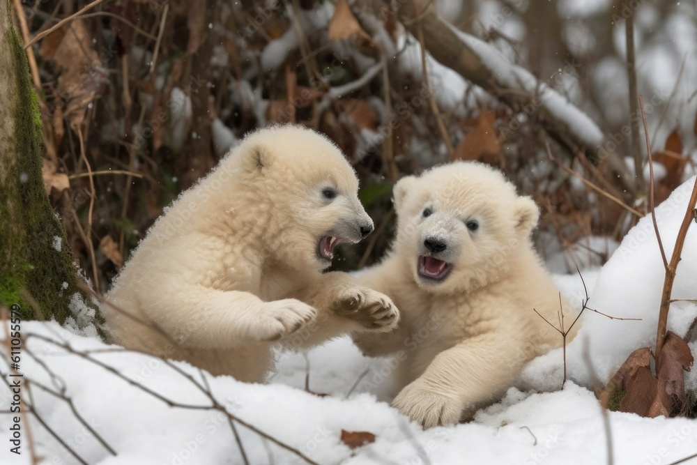 two polar bear cubs roll and tumble in the snow, play-fighting with each other, created with generative ai two polar bear cubs roll and tumble in the snow, play-fighting with each other, created with generative ai