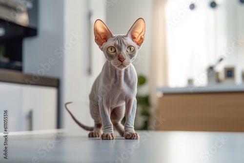 Group portrait photography of a cute sphynx cat crouching against a modern kitchen setting. With generative AI technology