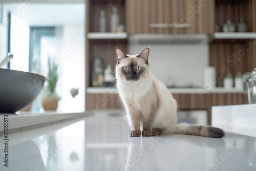 Group portrait photography of a cute balinese cat crouching against a modern kitchen setting. With generative AI technology