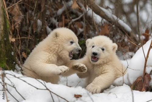 two polar bear cubs roll and tumble in the snow, play-fighting with each other, created with generative ai © altitudevisual