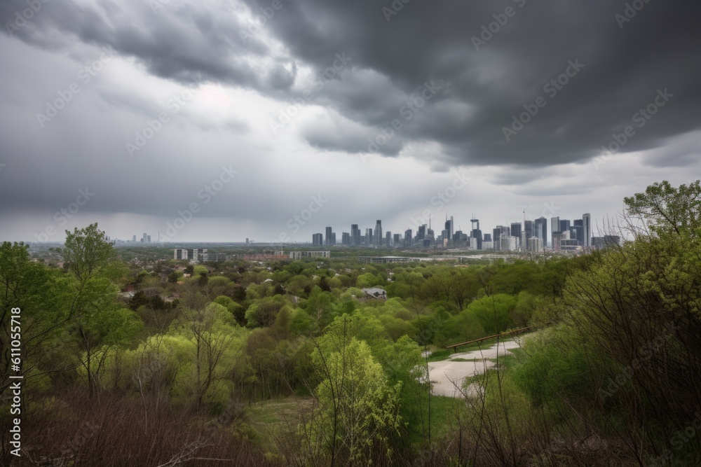 approaching storm clouds, with view of city skyline visible in the distance, created with generative ai